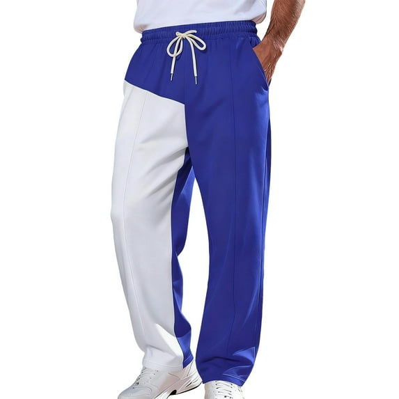 LWavelet Men's Color Block Wide Leg Joggers - Drawstring Waist Stylish Design Casual Daily Pants Blue 2XL