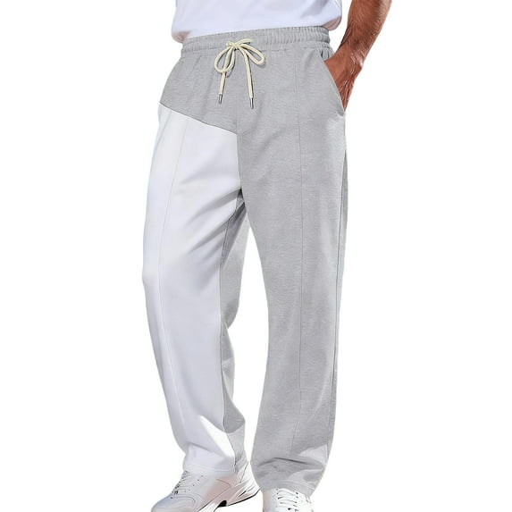 LWavelet Men's Color Block Wide Leg Joggers - Drawstring Waist Stylish Design Casual Daily Pants Light Gray L