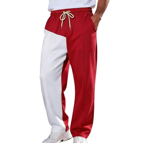 LWavelet Men's Color Block Wide Leg Joggers - Drawstring Waist Stylish Design Casual Daily Pants Red M
