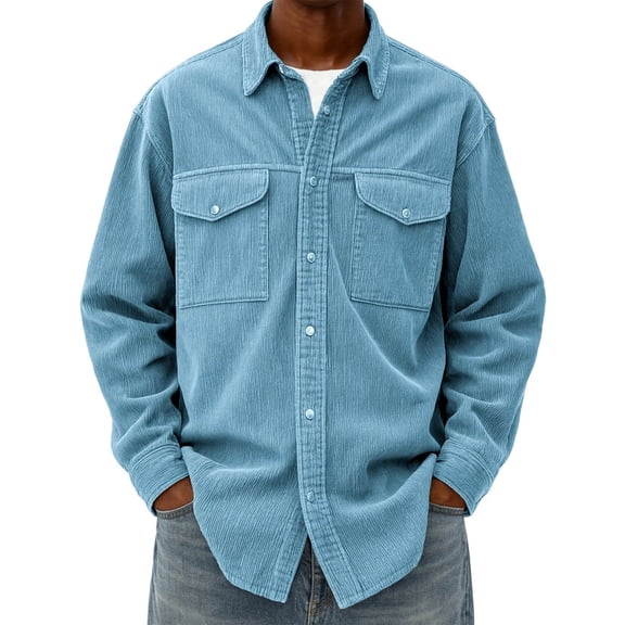 LWavelet Men's Corduroy Button-Down Shirt - Classic Two-Pocket Fall Shirt, Go-To Pick for Daily Wear & Family Dinners Blue L