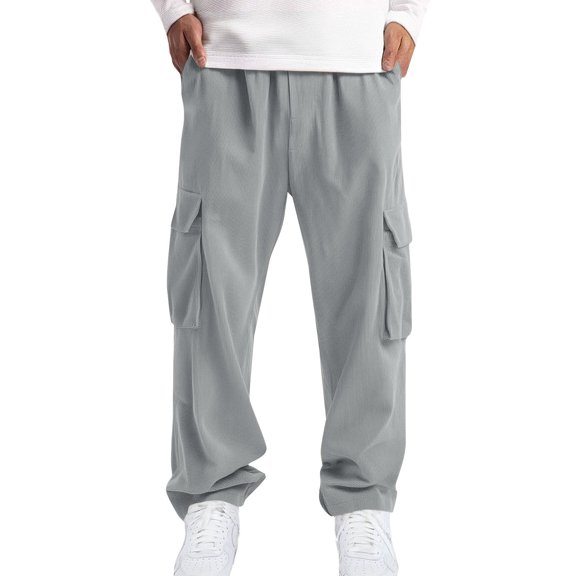 LWavelet Men's Corduroy Cargo Wide Leg Pants - Drawstring Waist Multiple Pockets Casual Daily Pants Gray 3XL
