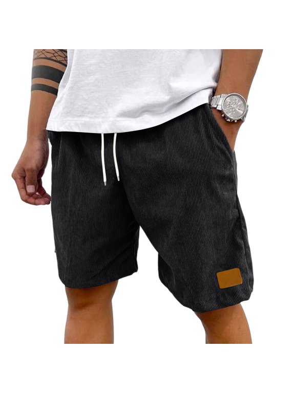 Men's Corduroy Casual Shorts Drawstring Elastic Waist Big Pockets Casual Work Shorts Black 2XL