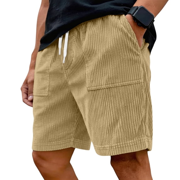 LWavelet Men's Corduroy Casual Shorts Drawstring Elastic Waist Plain Pocket Retro Streetwear Shorts Khaki 3XL