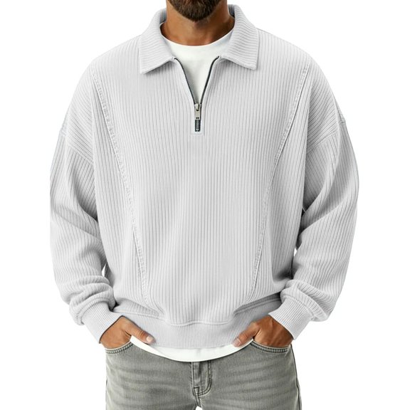 LWavelet Men's Corduroy Polo Shirt Loose Fit Long Sleeve Golf T-Shirt Casual Work Collared Pullover Half Button Tops with Pocket Light Gray M