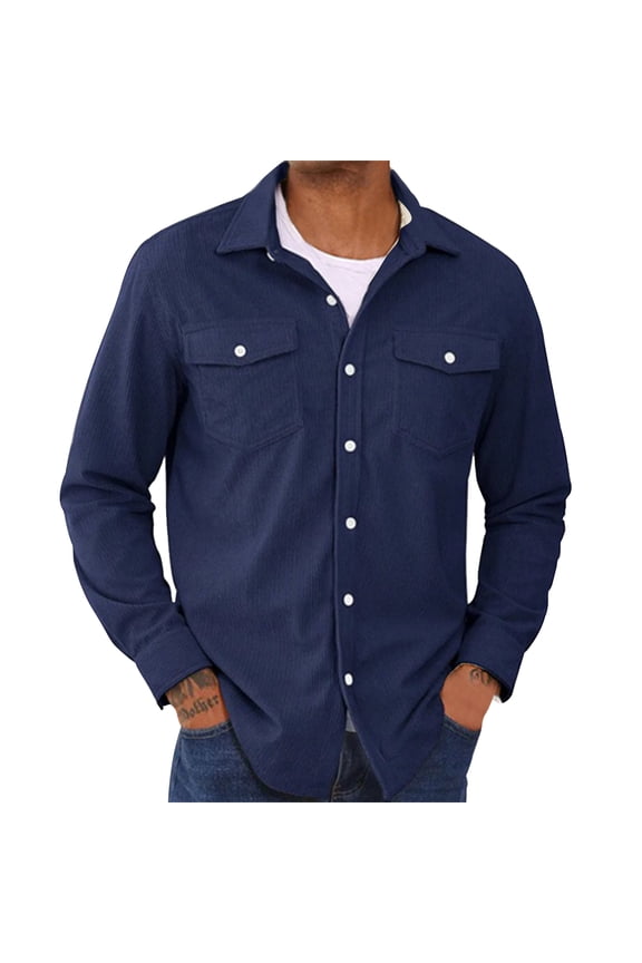 Men's Corduroy Shirt Jacket Button Down Long Sleeve Ribbed Shacket Lightweight Overshirt with Flap Pockets Navy M