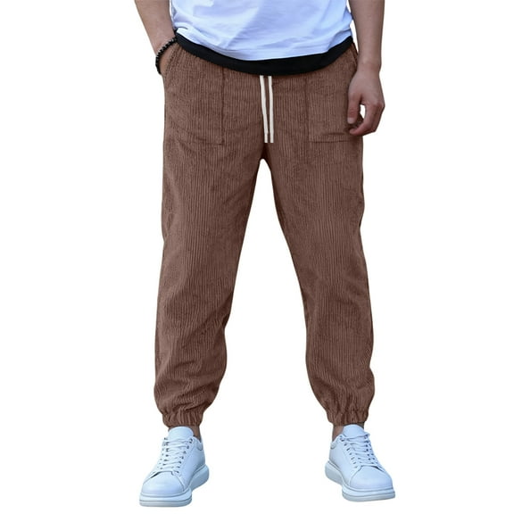 LWavelet Men's Corduroy Tapered Joggers - Drawstring Waist Stylish Casual Daily Pants Brown 2XL