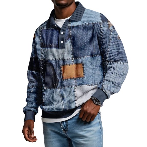 LWavelet Men's Denim Patchwork Polo Shirt - Retro Vibe, Perfect for Casual Leisure & Spring Outfits Blue 4XL