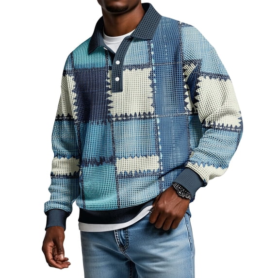 LWavelet Men's Denim Patchwork Polo Shirt - Retro Vibe, Perfect for Casual Leisure & Spring Outfits Sky Blue 4XL