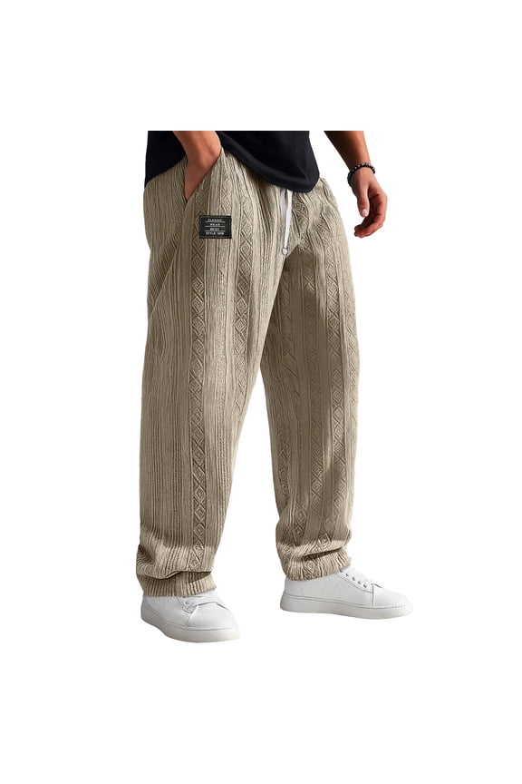 Men's Diamond Pattern Wide Leg Tapered Pants Drawstring Waist Decorative Label Loose Fit Comfortable Daily Casual Wear Pants Khaki M