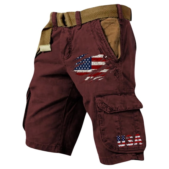 LWavelet Men's Distressed American Flag USA Print Cargo Shorts Multi-Pocket Casual Shorts with Belt Wine 3XL