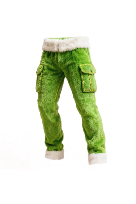 Men's Festive Cargo Pants with Faux Fur Trim - Multiple Pockets Drawstring Waist Holiday Casual Pants Green M