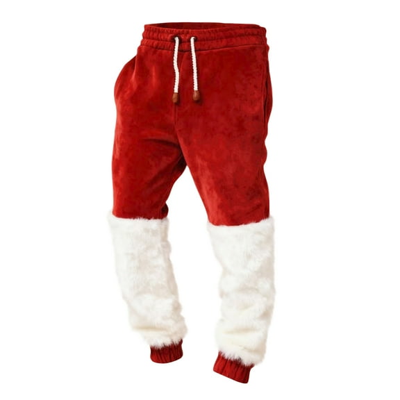 LWavelet Men's Festive Style Tapered Joggers with Faux Fur Detail - Drawstring Waist Warm Fabric Holiday & Casual Pants Red L