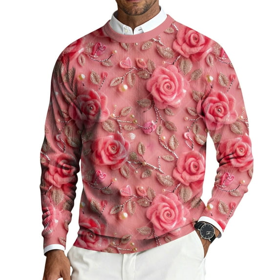 LWavelet Men's Floral & Heart Sweater - Artistic Pattern, Great for Valentine's Day Celebrations & Romantic Occasions Hot Pink 2XL
