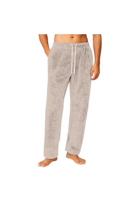 Men's Fuzzy Pajama Pants - Drawstring Waist Warm Fabric Nightwear & Loungewear Comfortable Pants Khaki 2XL