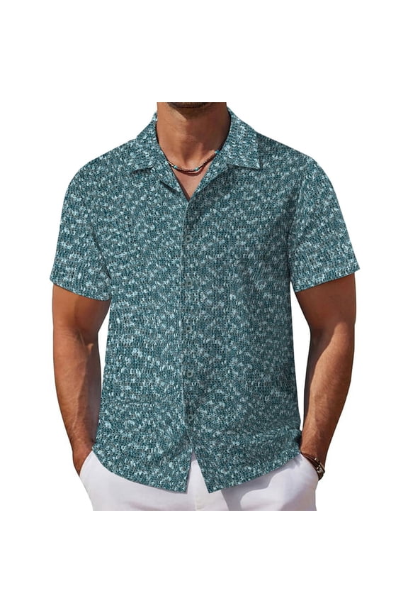 Men's Heathered Textured Cuban Collar Short Sleeve Shirt, Lightweight Breathable Button Down for Summer Daily Casual Wea Green M