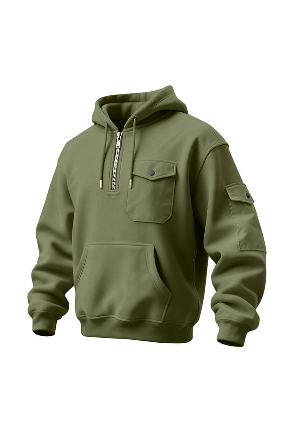 Men's Heavyweight Pullover Hoodie with Zippered Chest Pocket and Utility Sleeve Pocket for Outdoor Activities