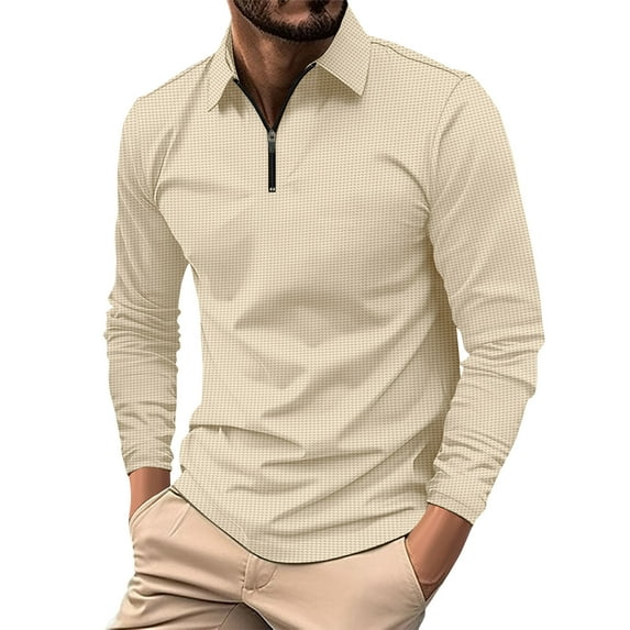 LWavelet Men's Houndstooth Quarter-Zip Shirt - Subtle Pattern Design, Perfect for Smart Casual & Weekend Plans Khaki M