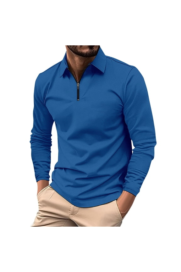Men's Houndstooth Quarter-Zip Shirt - Subtle Pattern Design, Perfect for Smart Casual & Weekend Plans Royal Blue 3XL