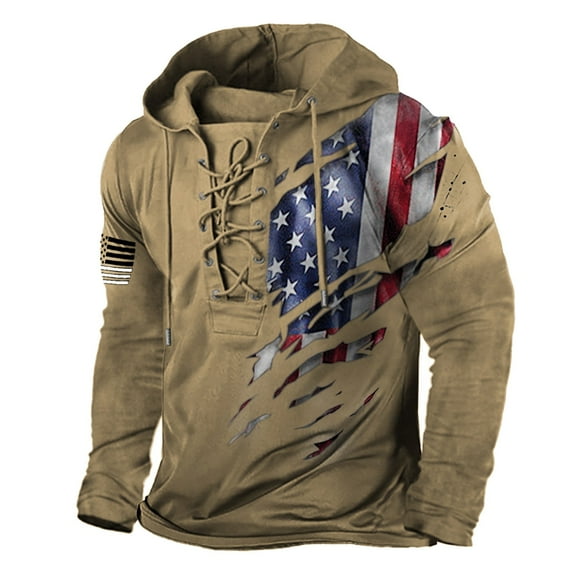 LWavelet Men’s Lace Up Hoodie Long Sleeve Pullover American Flag Graphic Print Patriotic Casual Sweatshirt for Everyday Wear