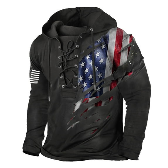 LWavelet Men’s Lace Up Hoodie Long Sleeve Pullover American Flag Graphic Print Patriotic Casual Sweatshirt for Everyday Wear