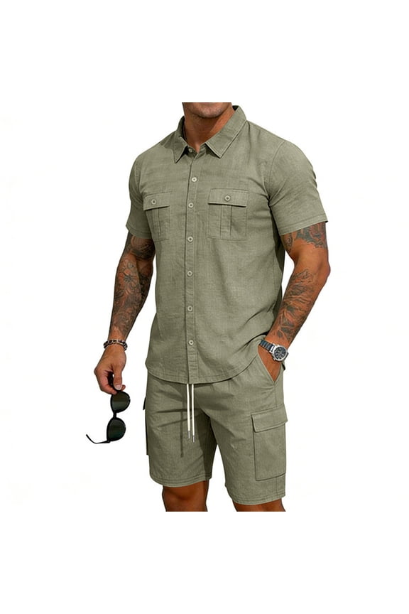 Men's Linen Blend Button Down Shirt and Cargo Shorts Set Casual Summer Beach Outfit Army Green 2XL