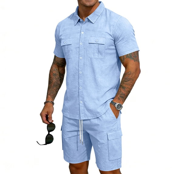 LWavelet Men's Linen Blend Button Down Shirt and Cargo Shorts Set Casual Summer Beach Outfit Light Blue M