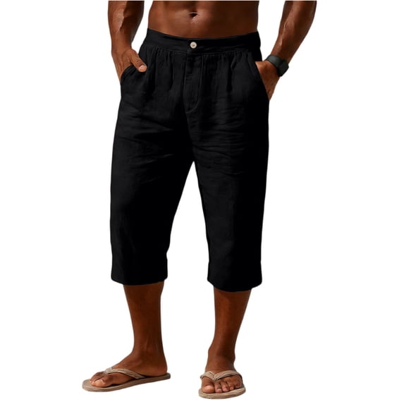 LWavelet Men's Linen Blend Capri Pants Button Waist with Side Pockets for Vacation Beach Casual Use Black 2XL