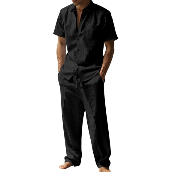 LWavelet Men's Linen Button Up Shirt Cargo Shorts Set Classic Casual Daily Summer Outfits Black XL