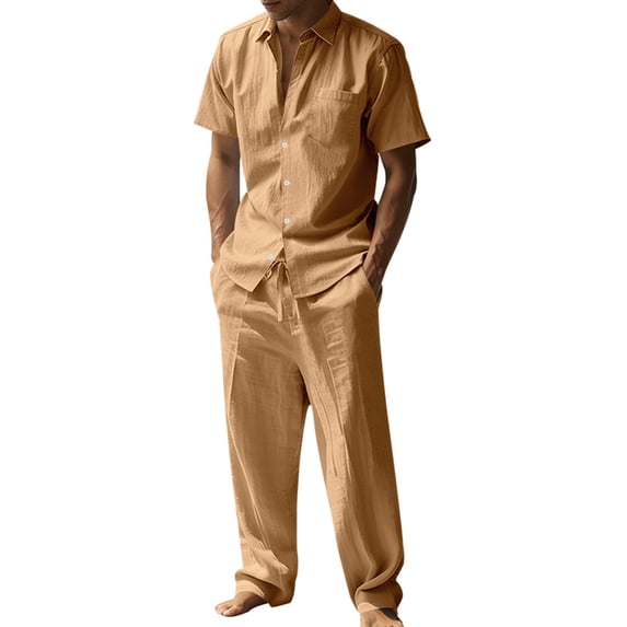 LWavelet Men's Linen Button Up Shirt Cargo Shorts Set Classic Casual Daily Summer Outfits Earthy Yellow S