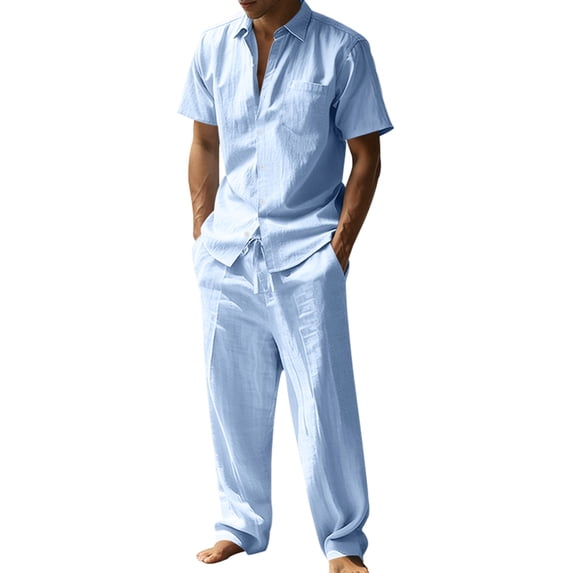 LWavelet Men's Linen Button Up Shirt Cargo Shorts Set Classic Casual Daily Summer Outfits Light Blue 3XL