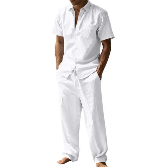 LWavelet Men's Linen Button Up Shirt Cargo Shorts Set Classic Casual Daily Summer Outfits White 2XL