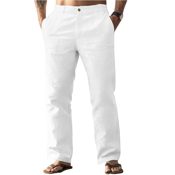LWavelet Men's Linen Straight Leg Casual Pants Button Waist Pleated Design Breathable Loose Fit Comfortable Summer Daily Pants White L