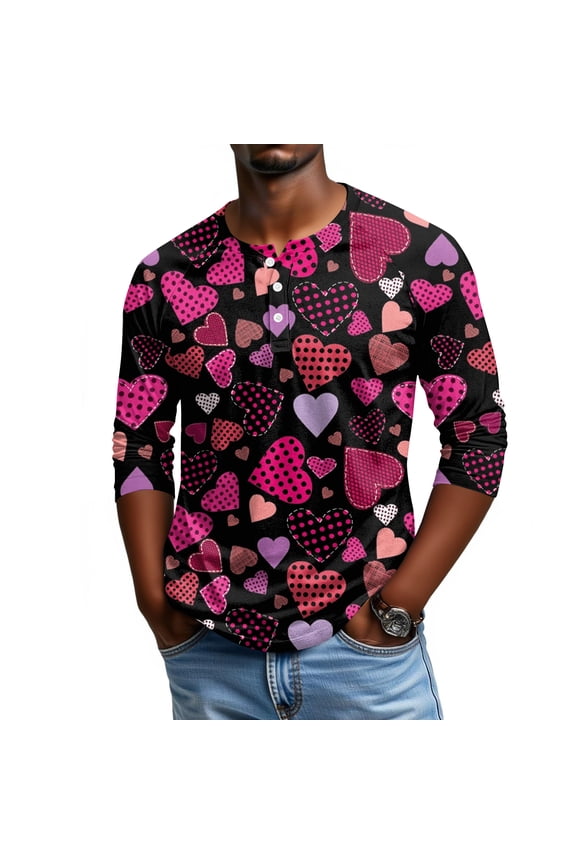 Men's "Love" Heart Graphic Henley Shirt - Playful Design, Great for Valentine's Day Celebrations & Everyday Wear 2026 Dark Purple S
