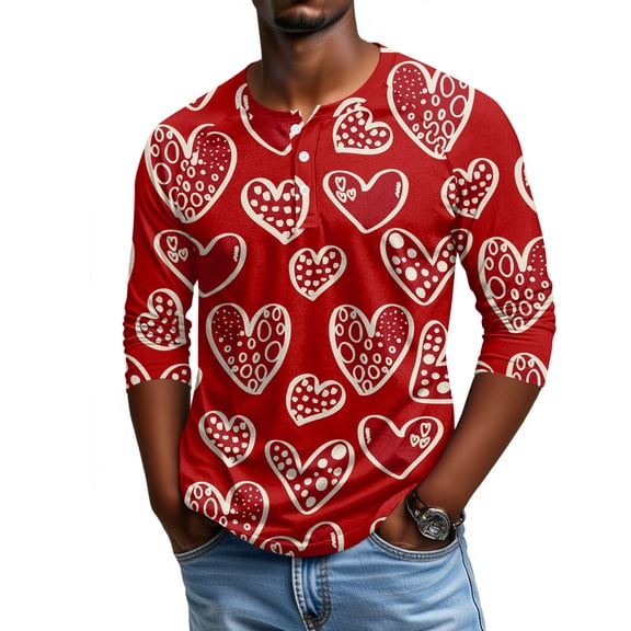 LWavelet Men's "Love" Heart Graphic Henley Shirt - Playful Design, Great for Valentine's Day Celebrations & Everyday Wear Wine S