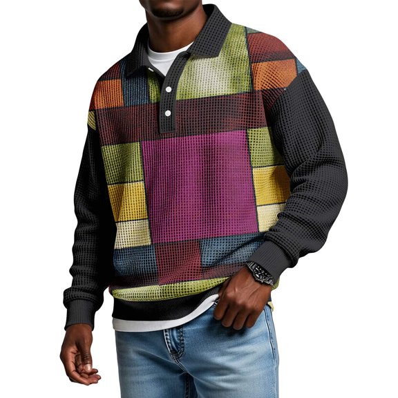 LWavelet Men's Patchwork Print Polo Shirt - Modern Design, Ideal for Streetwear & Weekend Errands Purple 5XL