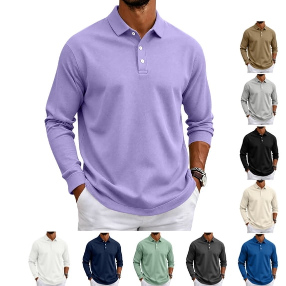 LWavelet Men's Polo Shirt Long Sleeve Collared Golf Shirts Quick Dry Lightweight 3-Button Performance Work Fishing Athletic Tops