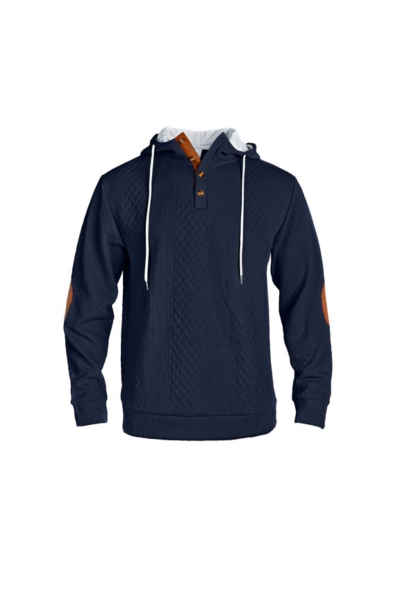 Men's Pullover Hoodie with Textured Knit Pattern Adjustable Drawstring Hood Button Placket and Elbow Patch Design