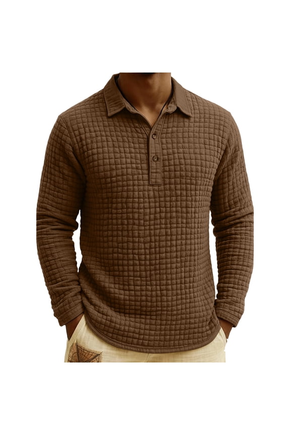 Men's Quilted Long-Sleeve Polo Shirt - Cozy Design, Go-To Pick for Cool Weather & Everyday Comfort Brown S