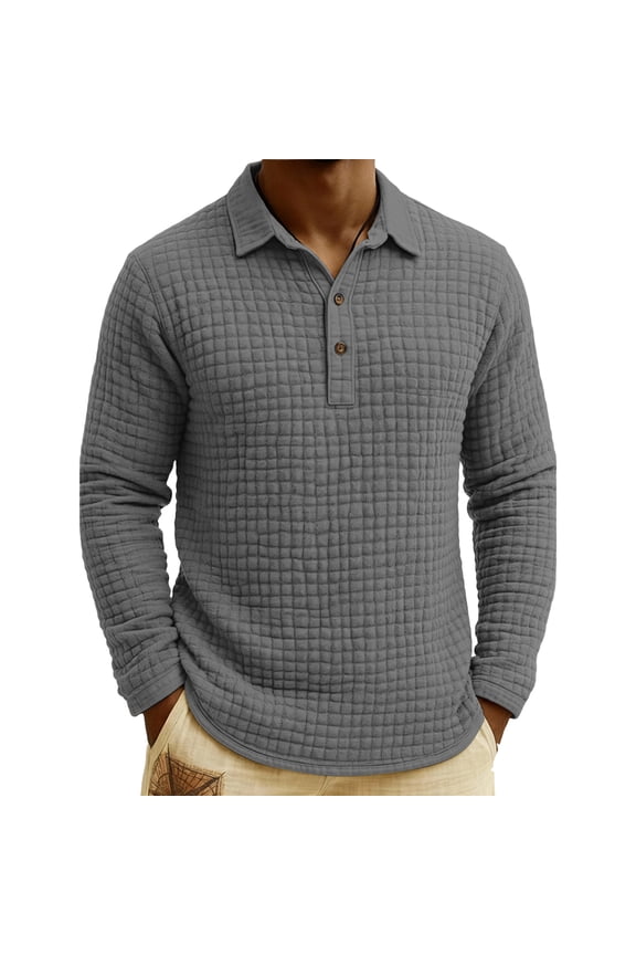 Men's Quilted Long-Sleeve Polo Shirt - Cozy Design, Go-To Pick for Cool Weather & Everyday Comfort Gray S