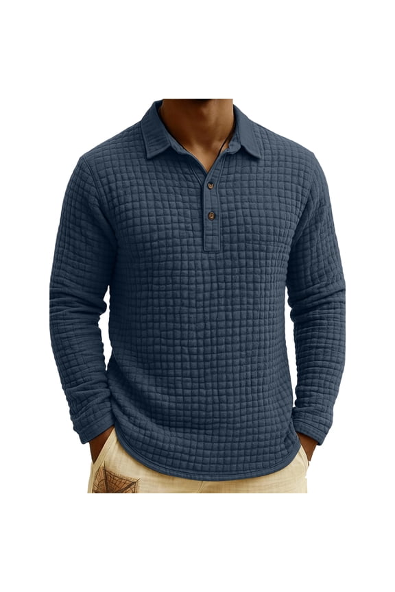 Men's Quilted Long-Sleeve Polo Shirt - Cozy Design, Go-To Pick for Cool Weather & Everyday Comfort Navy 5XL