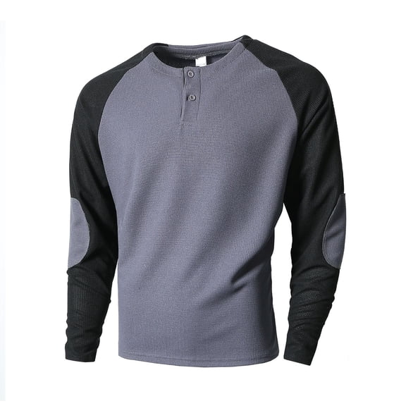 LWavelet Men's Raglan Sleeve Henley Shirt - Cozy Waffle Knit Gym Tee, Ideal for Post-Work Unwind & Quick Errands Dark Gray L
