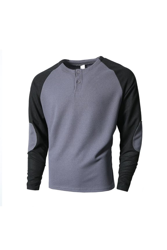 Men's Raglan Sleeve Henley Shirt - Cozy Waffle Knit Gym Tee, Ideal for Post-Work Unwind & Quick Errands Dark Gray S