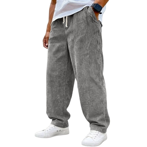 LWavelet Men's Relaxed Fit Corduroy Wide Leg Pants Elastic Drawstring Waist with Side Pockets for Casual Daily Vacation Wear Gray M