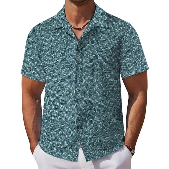 LWavelet Men's Short Sleeve Button Down Shirt, Camp Collar Textured Top for Casual Street Style & Summer Wear Green M