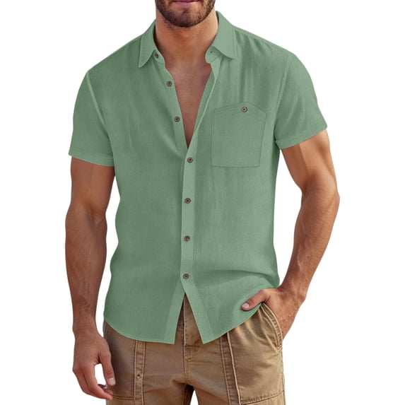 LWavelet Men's Short Sleeve Button Down Shirt, Single Chest Pocket Linen Blend Top for Casual Summer Wear Light Green L