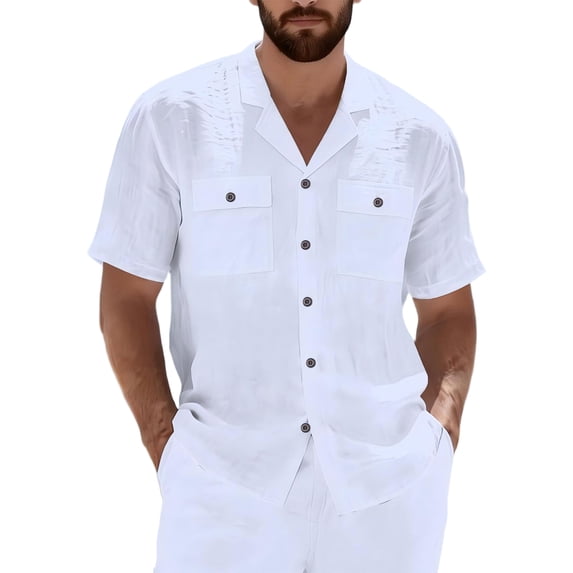 LWavelet Men's Short Sleeve Button Down Shirt, Textured Top with Dual Chest Pockets for Matching Set & Vacation Wear White L