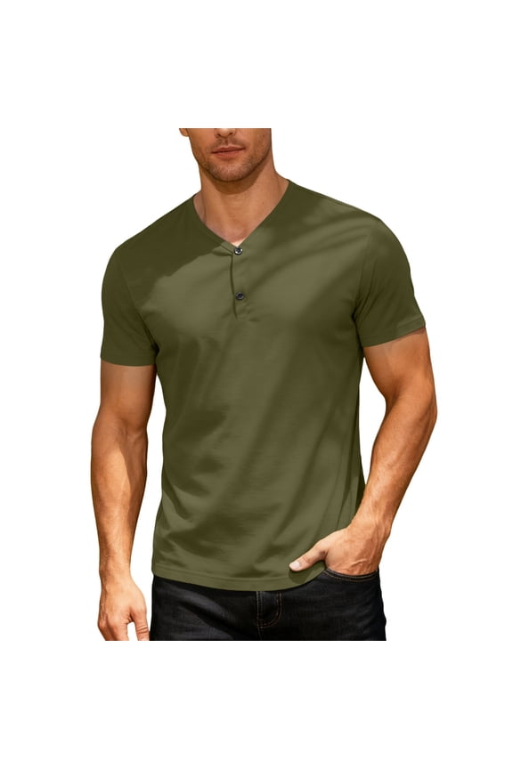 Men's Short Sleeve Henley Shirt, V-Neck Button Placket Top for Casual & Summer Wear Army Green 2XL