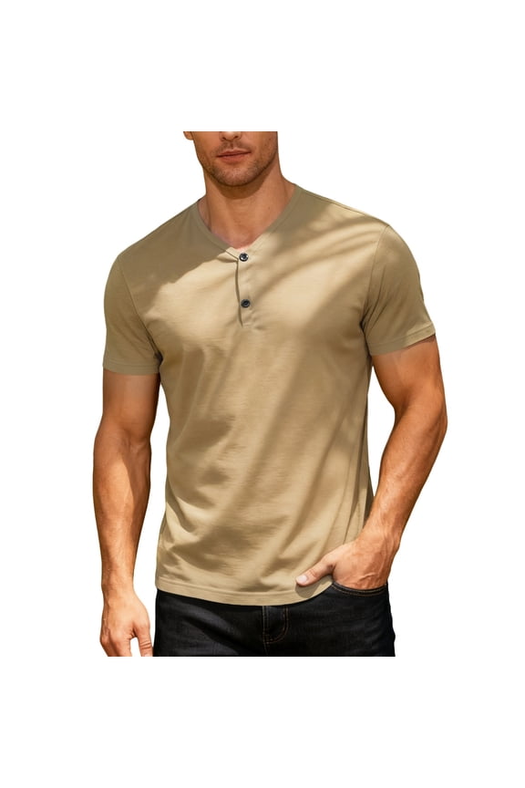 Men's Short Sleeve Henley Shirt, V-Neck Button Placket Top for Casual & Summer Wear Khaki 2XL