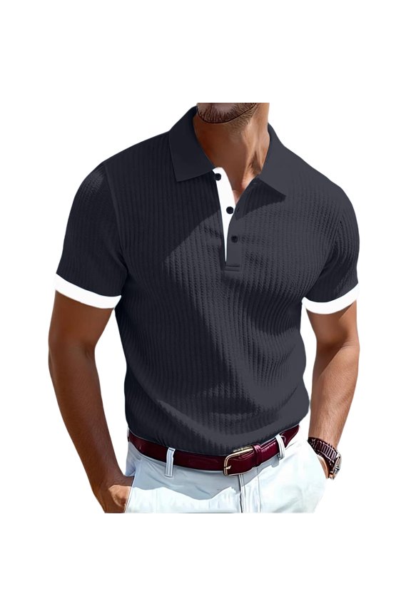 Men's Short Sleeve Polo Shirt, Ribbed Knit Contrast Cuff Collared Top for Casual & Business Wear Dark Gray L