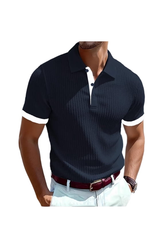 Men's Short Sleeve Polo Shirt, Ribbed Knit Contrast Cuff Collared Top for Casual & Business Wear Navy M